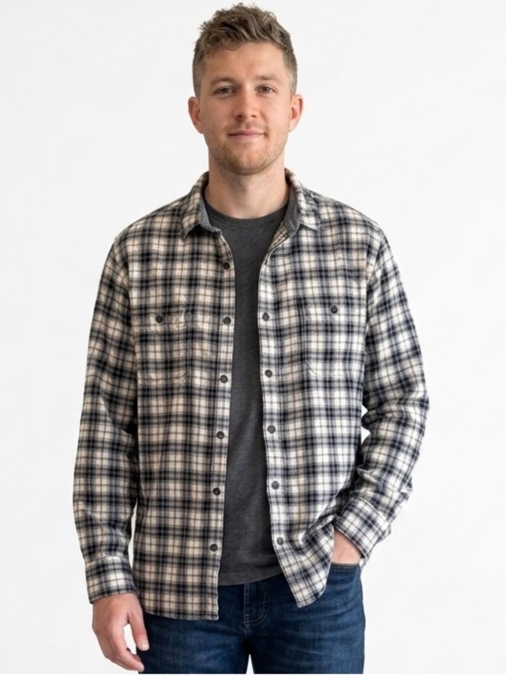 Alesbury Black White Plaid Long Sleeve Cotton Button Up Shirt Large Short LS